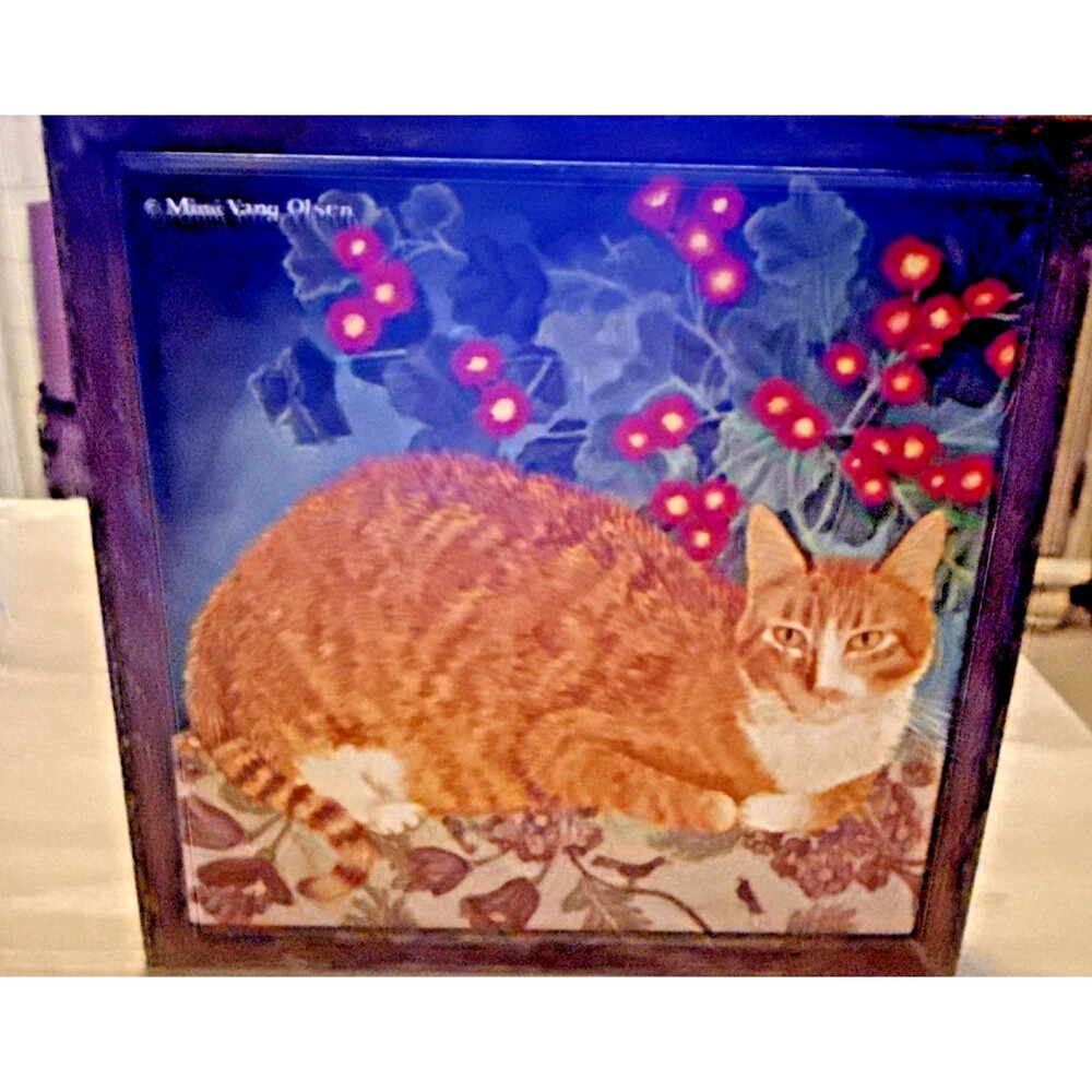 Vintage Avon Ceramic Tile Wood Frame Wall Trivet Mimi Vang Olsen Orange Cat 7x7